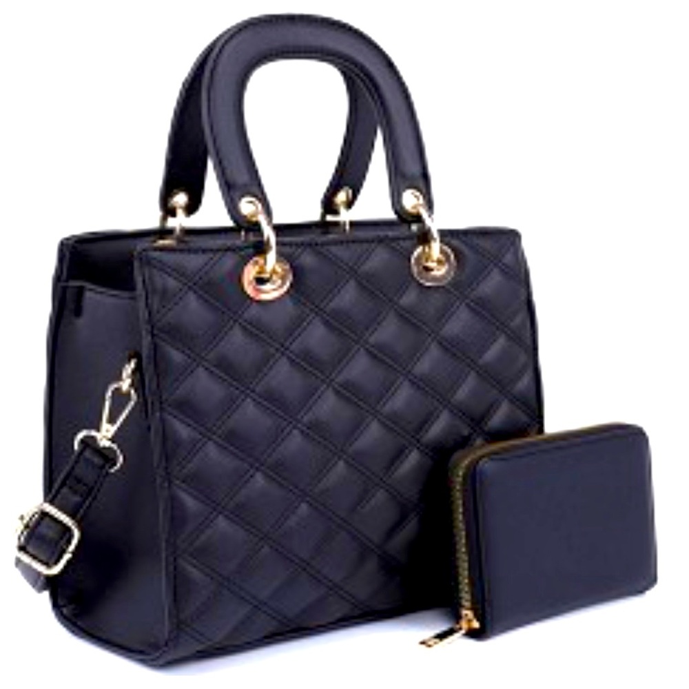 Quilted 2-Way Structured Medium Satchel Wallet SET Black